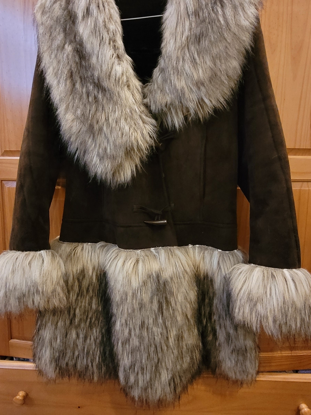 Faux-Suede Dark Brown Jacket with Plush Gray Faux-Fur Trim